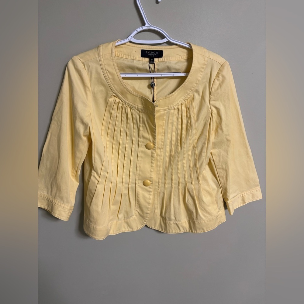 Talbots Pleated Button Up Jacket Womens Size 6 Petite Pockets Short Yellow New